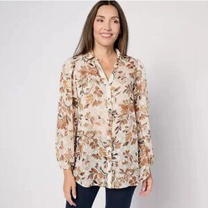 Susan Graver Sheer Woven Button Front Tunic-Copper/Ivory-Petite 2X-NEW-A626991